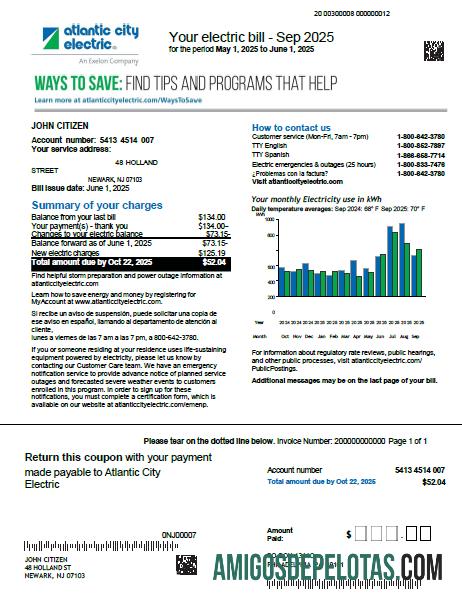 Em branco modelo de conta de serviço público elétrico de Atlantic City dos EUA em formatos Word e PDF, versão 2